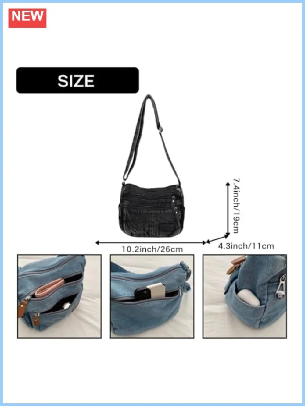 Y2K Vintage Textured Washed Denim Crossbody Hobo Bag Purse